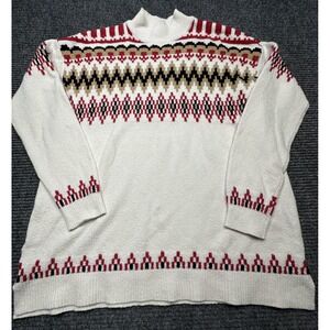 LOFT Sweater Womens Medium White Red Fair Isle Pullover Knit Winter Holiday Cozy